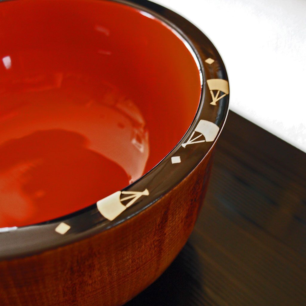 椀・木製漆塗り・縁黒扇絵付/内朱/外透漆・大椀5寸・丼/うどん/そば