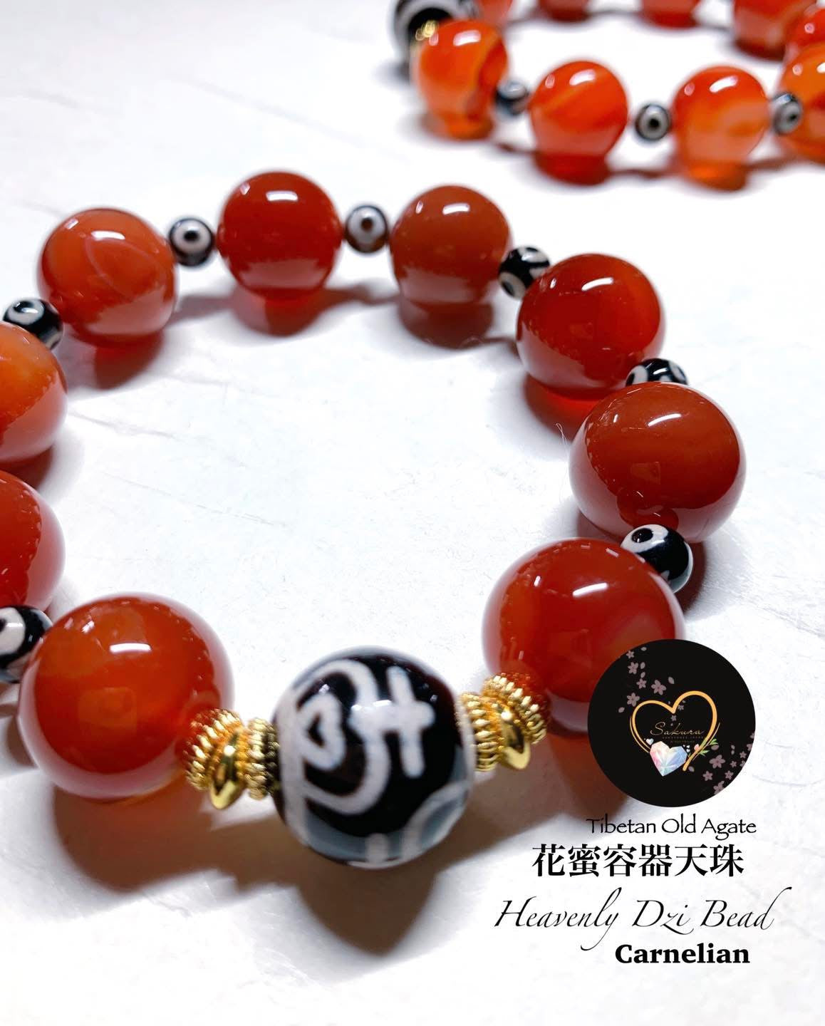 Carnelian TENJU ( 花蜜容器天珠) TIBETAN Dzi Bead x3 EYE Bracelet
