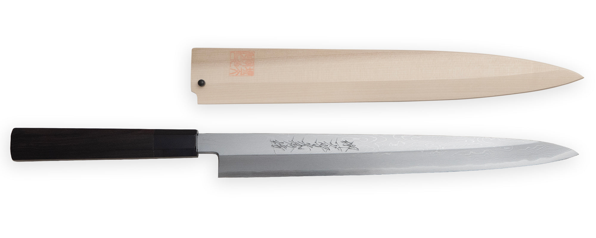 堺一文字光秀 青一鋼 炎紋鍛錬 墨流し 柳刃 黒檀柄 白鞘付き