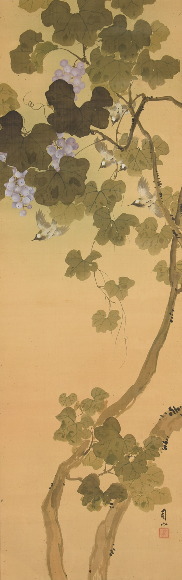 宮田司山「葡萄に小禽図」：B-2390[掛け軸]古美術谷口