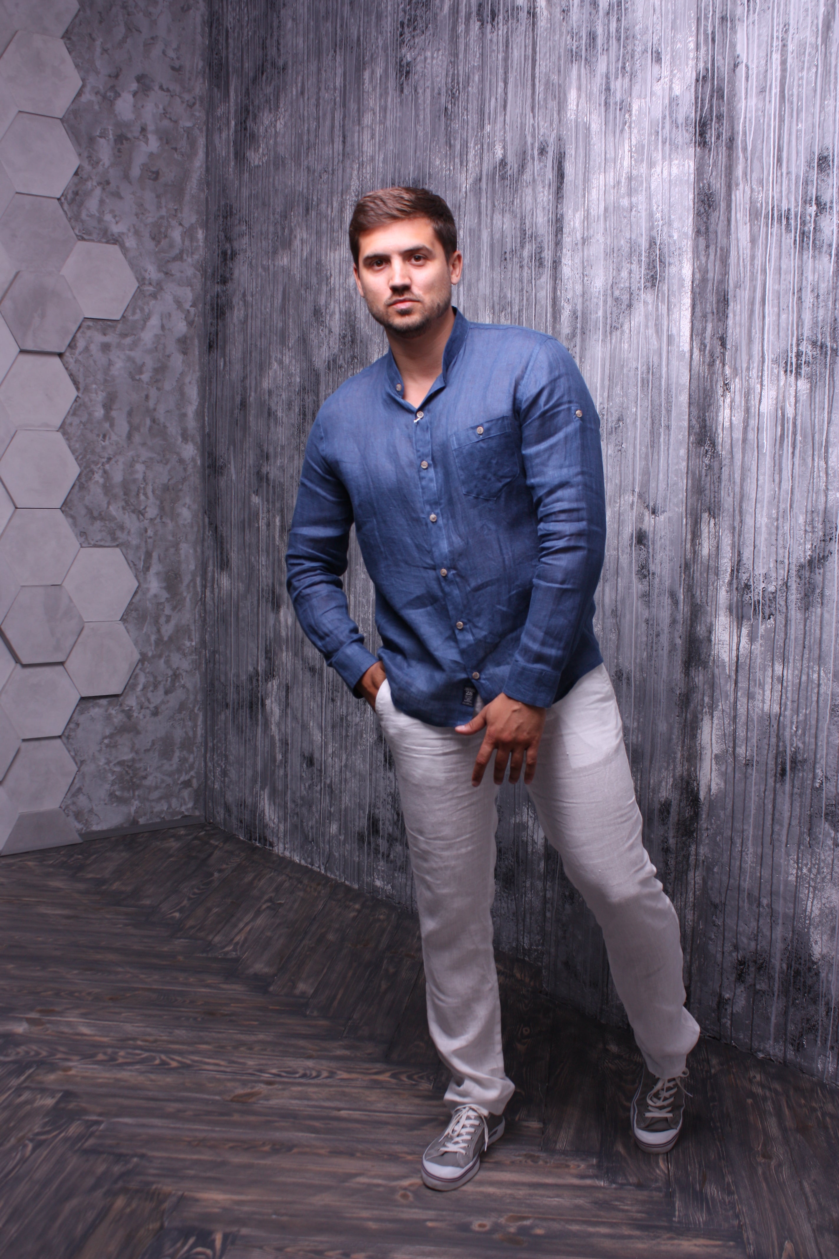 Indigo color shirt made of natural linen with a stand-up collar