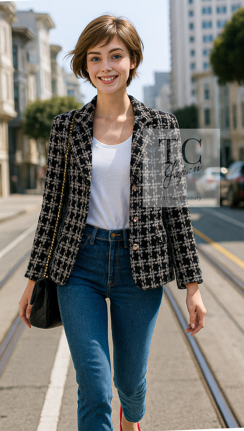 シャネル ジャケット CHANEL ブラック ホワイト コットン シルク CC