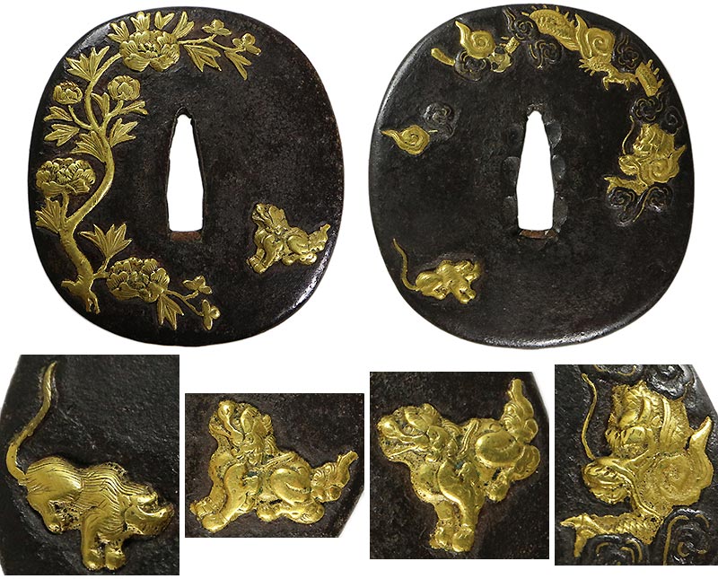 日本刀の鐔・鍔｜鉄地龍虎獅子牡丹図｜無銘「正阿弥」特別貴重小道具