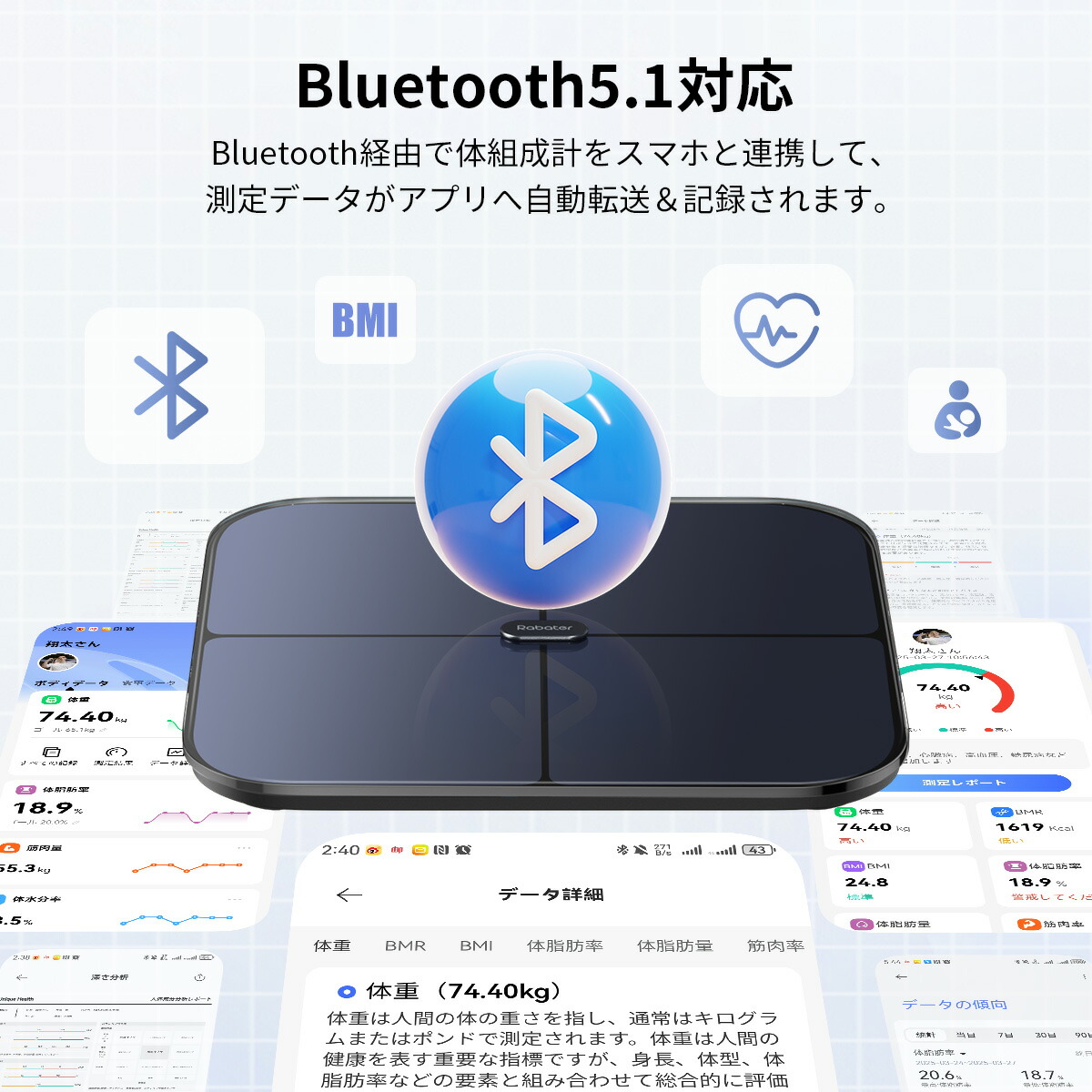楽天市場】Rabater 体重計 スマホ連動 体組成計 Bluetooth デジタル 25