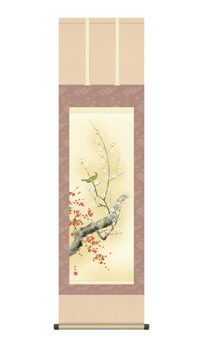 楽天市場】掛け軸 掛軸 紅白梅に鶯 こうはくばいにうぐいす 幅44.5×高