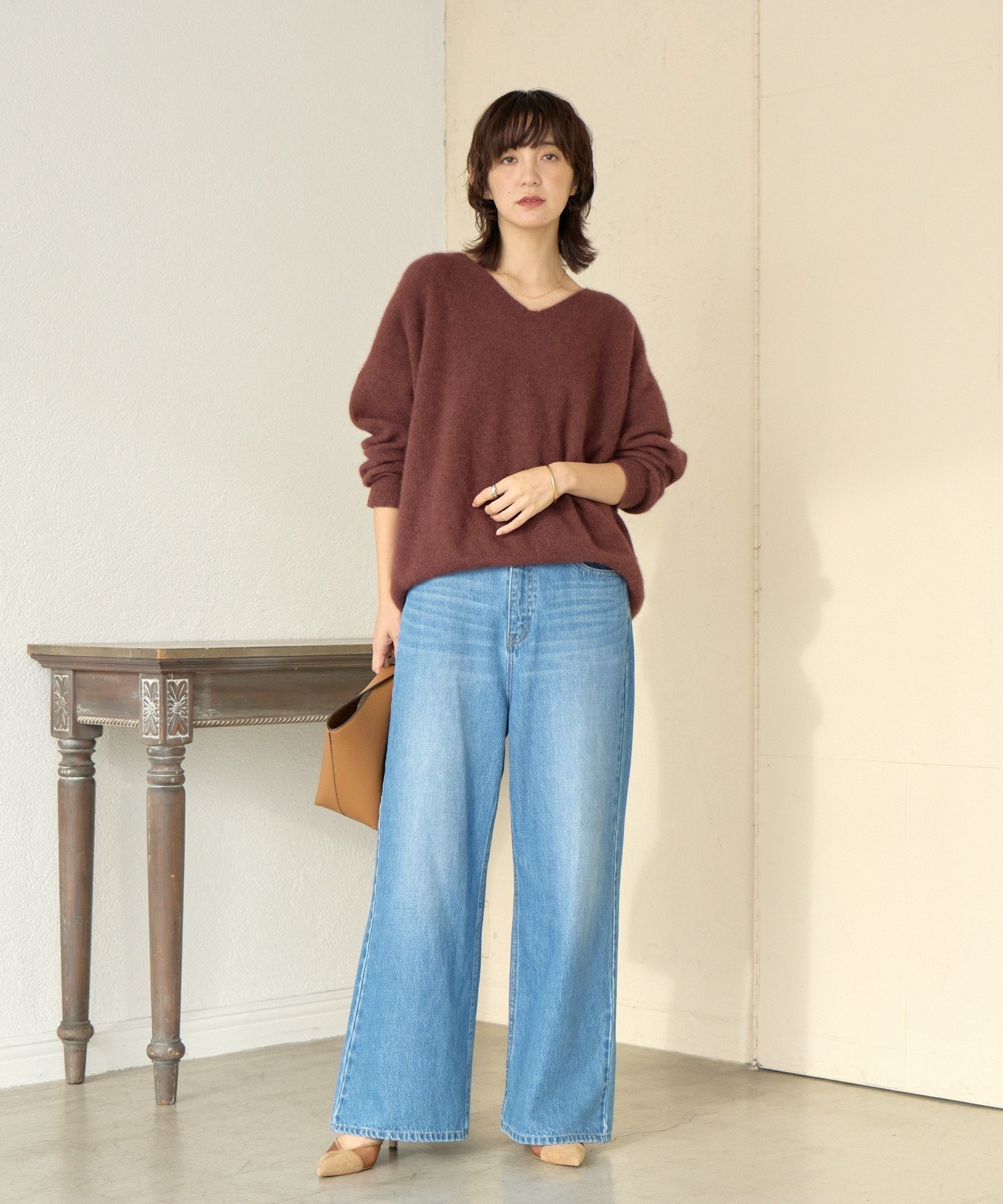 RIVE DROITE｜【抜け感シルエット】ヘアリーウール片畦Vネックニット