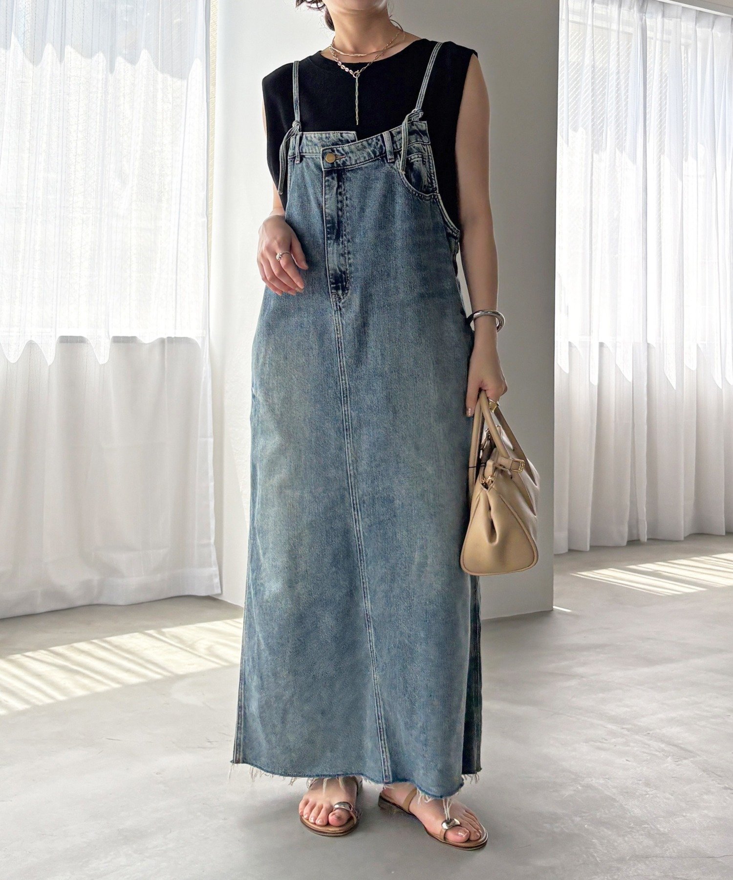 DOUDOU｜【完売カラー再追加!/体型カバー】裾フリンジデニムジャンスカ