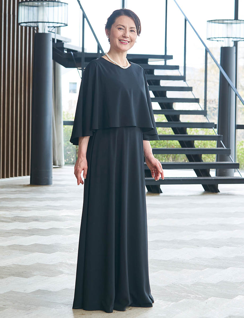 結婚式 母親ドレス 黒・マザーズドレスシフォン ケープ付き MD0411-BK