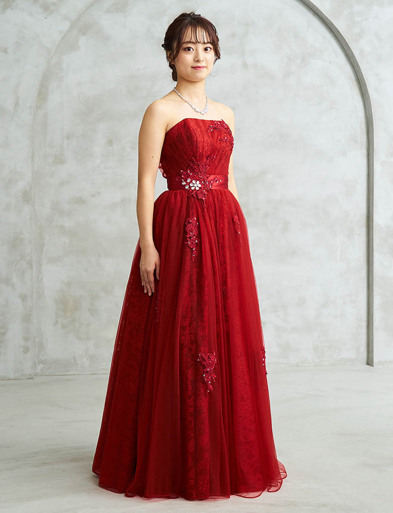 赤 ロングドレス ベアトップ ビジュ刺繍 チュール 肩紐付き 発表会