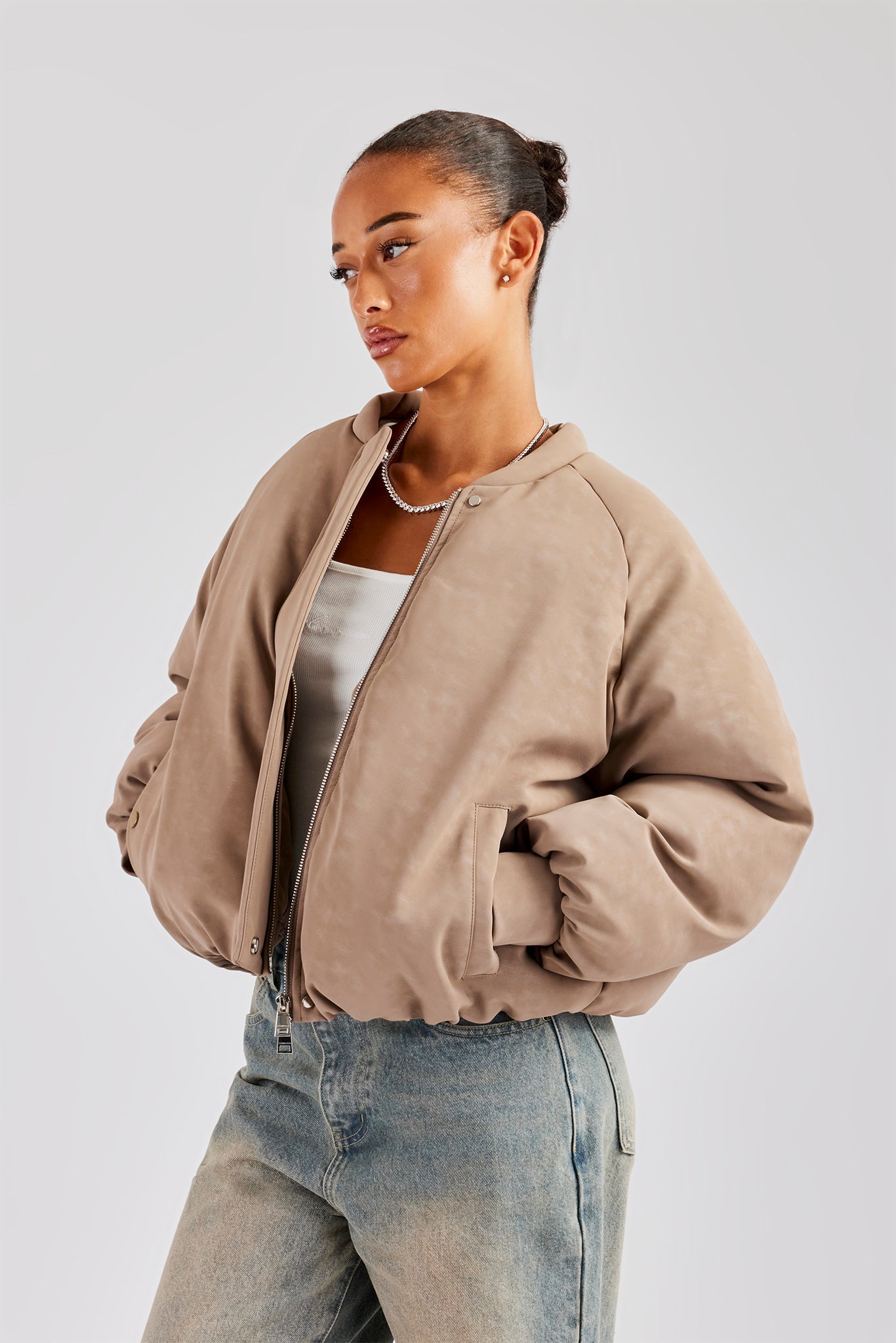 Cernucci Cropped PU Puffer Bomber Jacket - Taupe | Womens