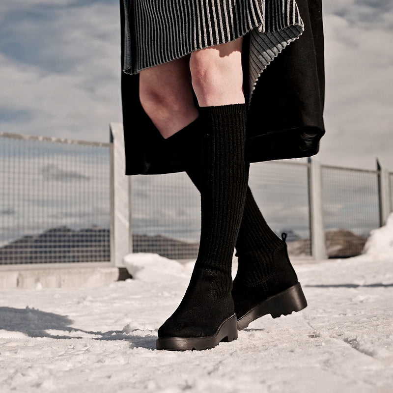 Eduarda] ラウンドトゥ 撥水加工 ニーハイ プラットフォーム チャン