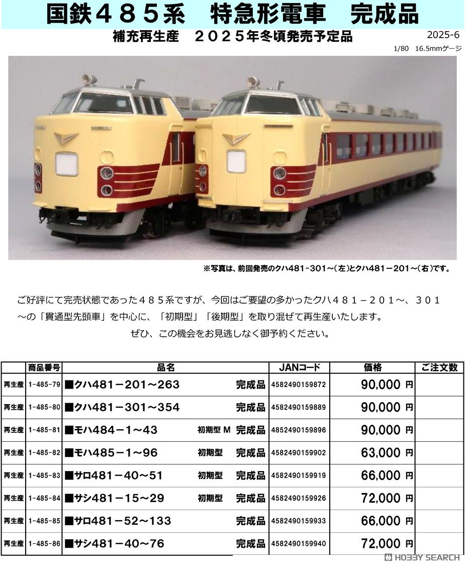 16番(HO) クハ481-201～263 完成品 (国鉄485系特急形電車) (塗装済み