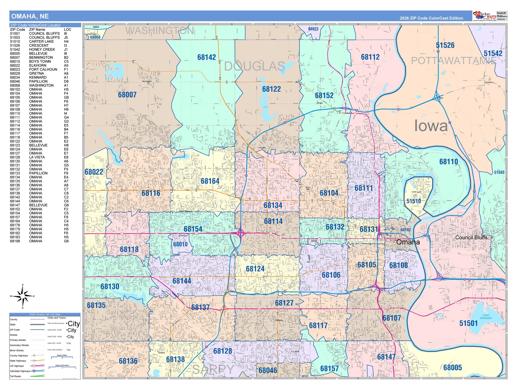 Colorcast Zip Code Style Wall Map of Omaha, NE by Market Maps