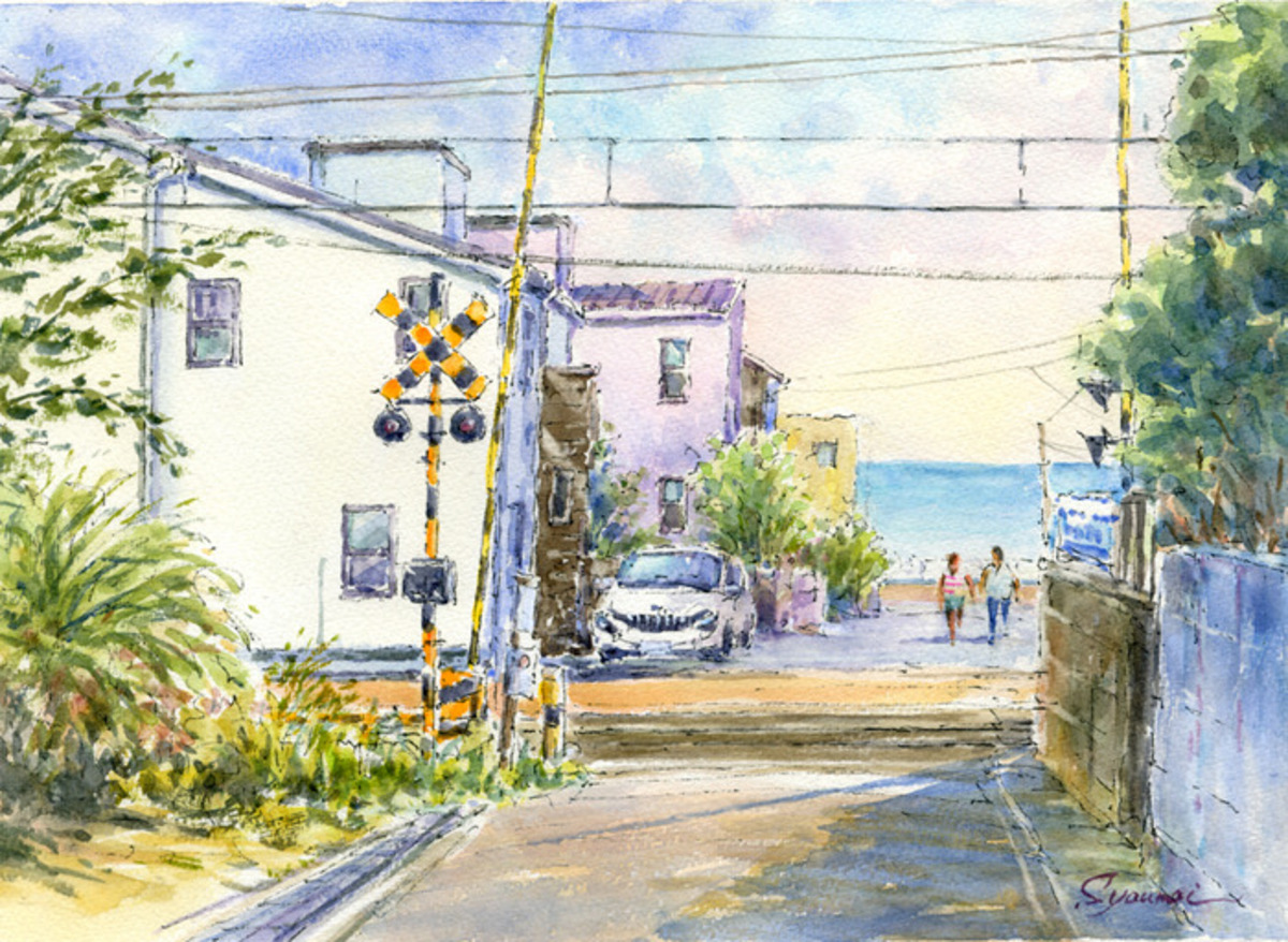 水彩画原画 江ノ電・海の見える踏切 #582」 by syoumei｜Artmeter