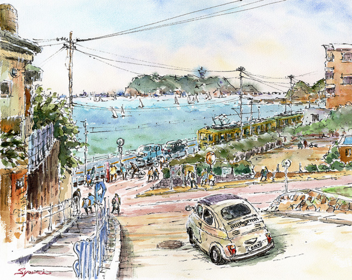 水彩画原画 江の島と江ノ電鎌倉高校前踏切風景 #623」 by syoumei