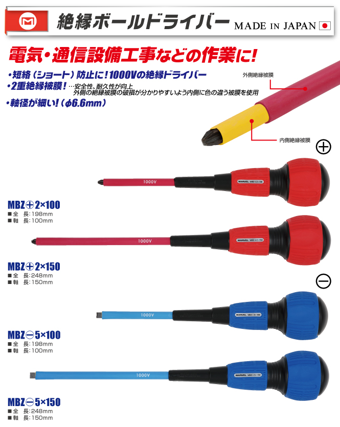 MBZ+2X100 絶縁ボールドライバー (+)｜電設工具のメーカー。（株