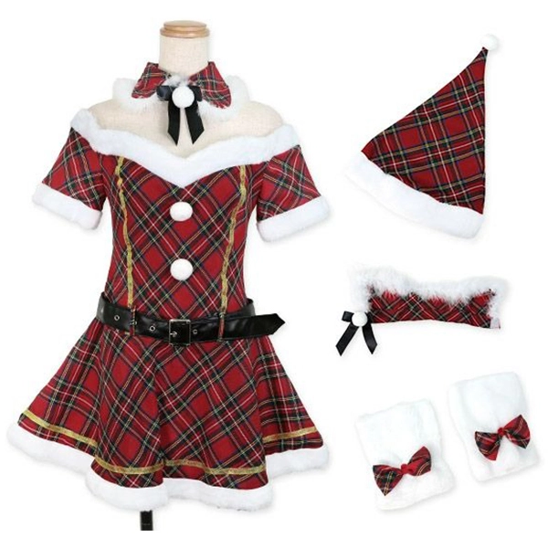 サンタコス オフショルチェックフレアスカート王道サンタコスプレ Tika