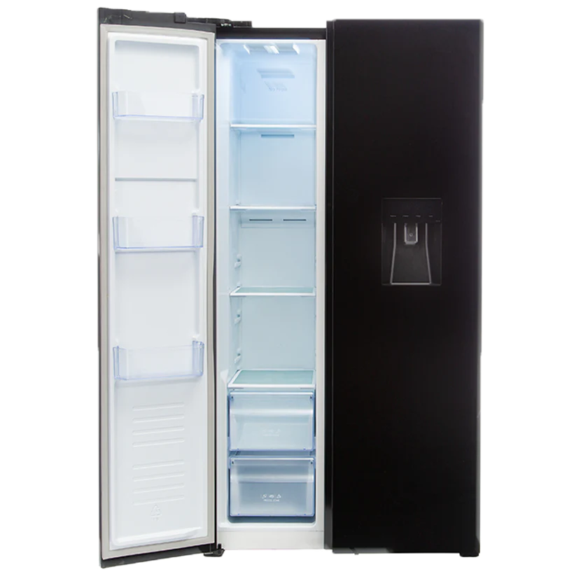 Defy | 496lt Elegant Black Glass Side-by-Side Fridge Freezer
