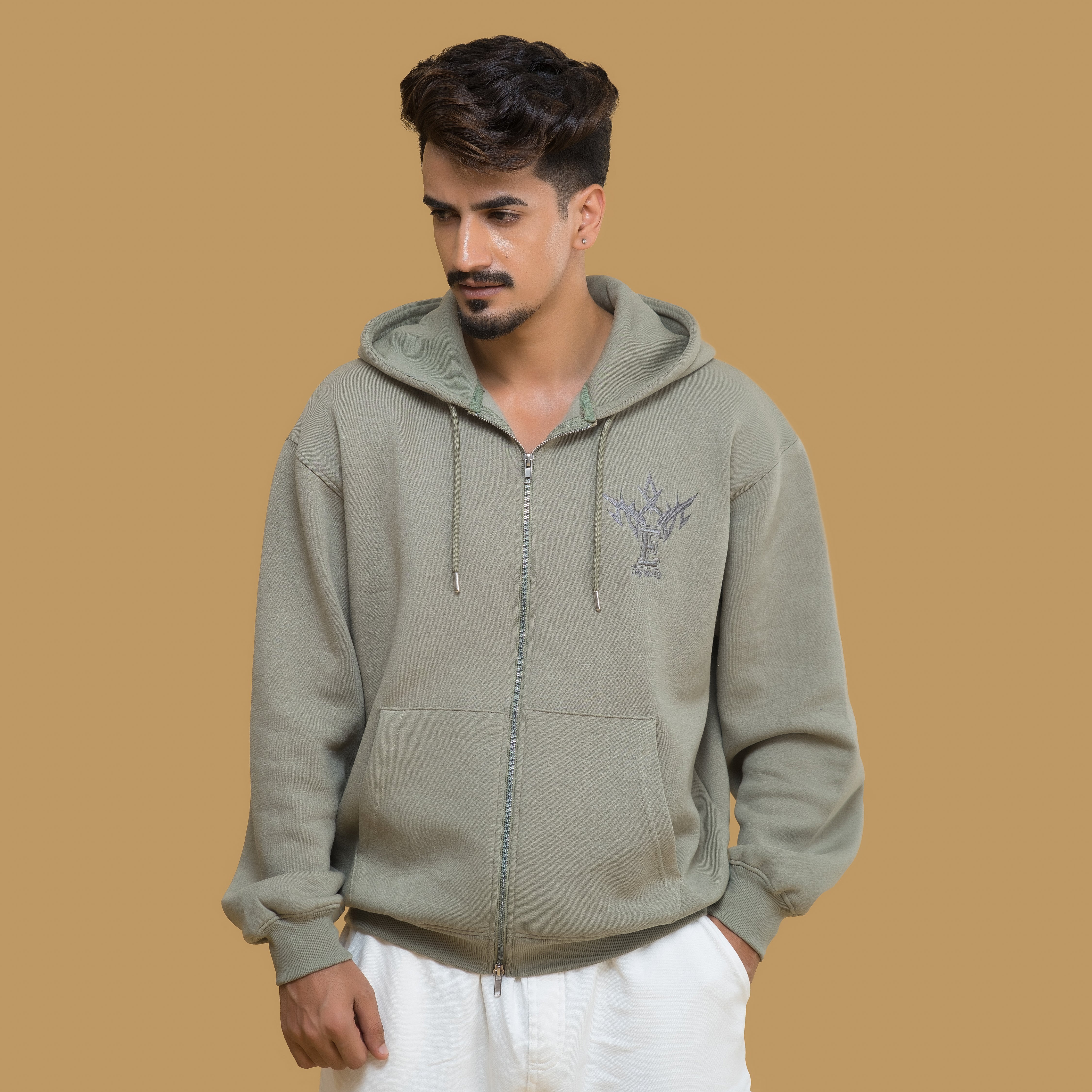 Olive Green Zip Up Hoodie – Oversized Drop Shoulder Embroidered