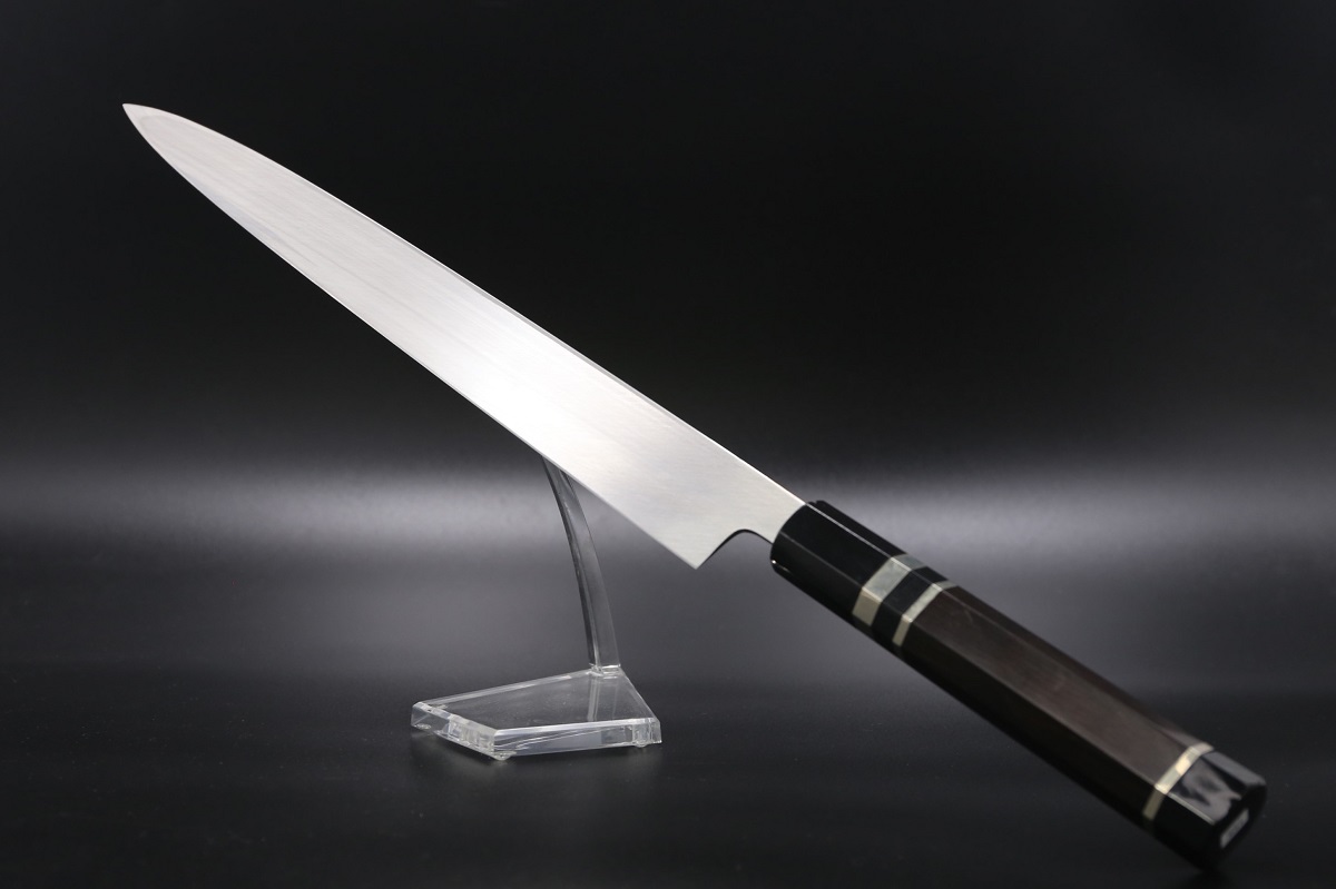 柳刃 白鋼 330mm 油本焼 表鏡面 波浮かし 黒檀柄 鞘付き 白木健一作