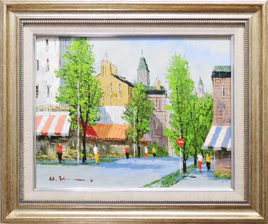 絵画 油絵 並木路のある街（フランス・ラマルク） （黒沢久） 送料無料