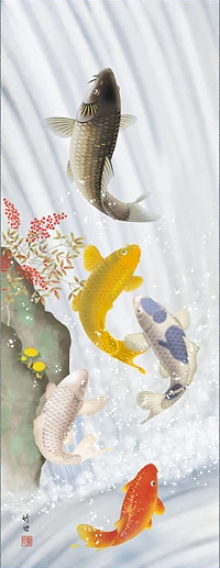 五鯉躍南天福寿 田村竹世 （三美会） 尺五 【特価 】 日本製 節句掛け