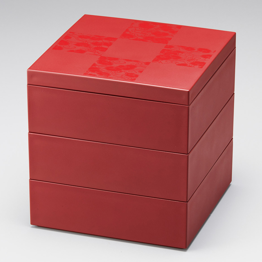 三段重 5.0 彩雲市松 吟朱/黒 12-15105 漆器の井助