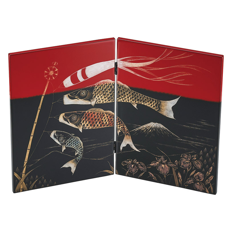 二枚屏風 沈金こいのぼり 黒 木製 漆塗り 漆器の井助