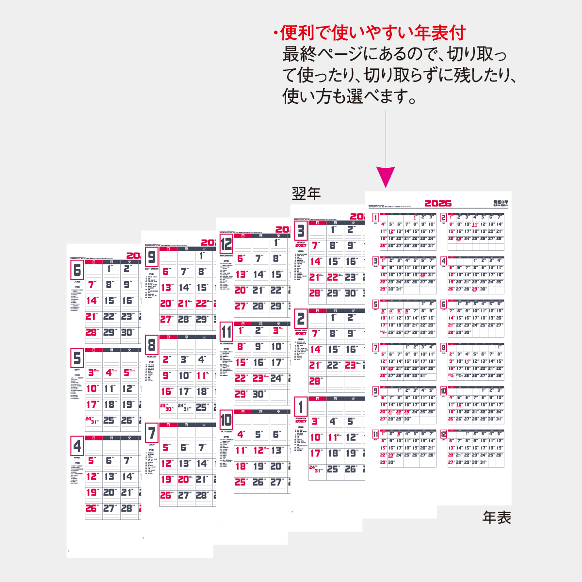 IC-301 ホワイト3ヶ月文字月表(ミシン目入)2026年版の名入れカレンダー