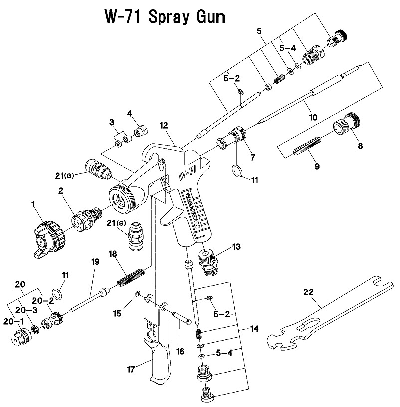 小型ハンドスプレーガンW-71シリーズ アネストIwata社 パーツ検索