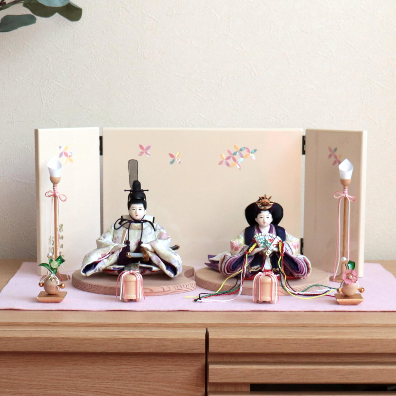 華峰作 柳三寸 正絹西陣織 桜紫クリーム 共柄 屏風 螺鈿七宝柄 木製