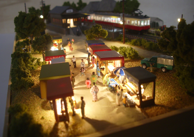 鉄道模型Nゲージミニジオラマ 昭和の田舎の夏休み LED夜景作品