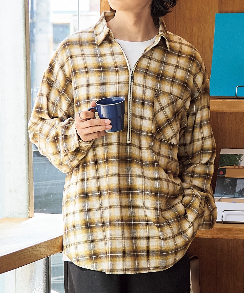 オーバーサイズハーフジップチェックシャツ 通販【ニッセン】