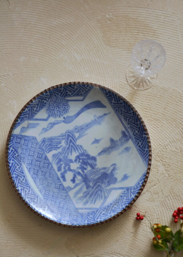 印判染付大皿 花風鈴図 A290mm B315mm 大皿 オードブル皿 飾り皿