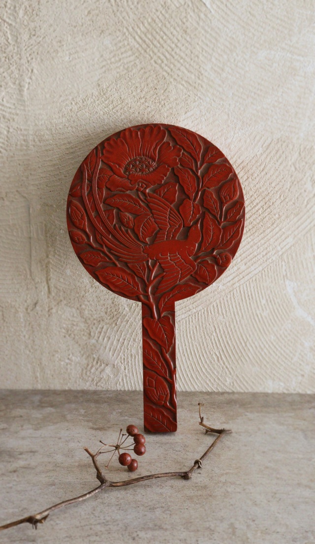 鎌倉彫手鏡 堆朱のような手鏡 花鳥図 手仕事 民藝 朱塗 手鏡