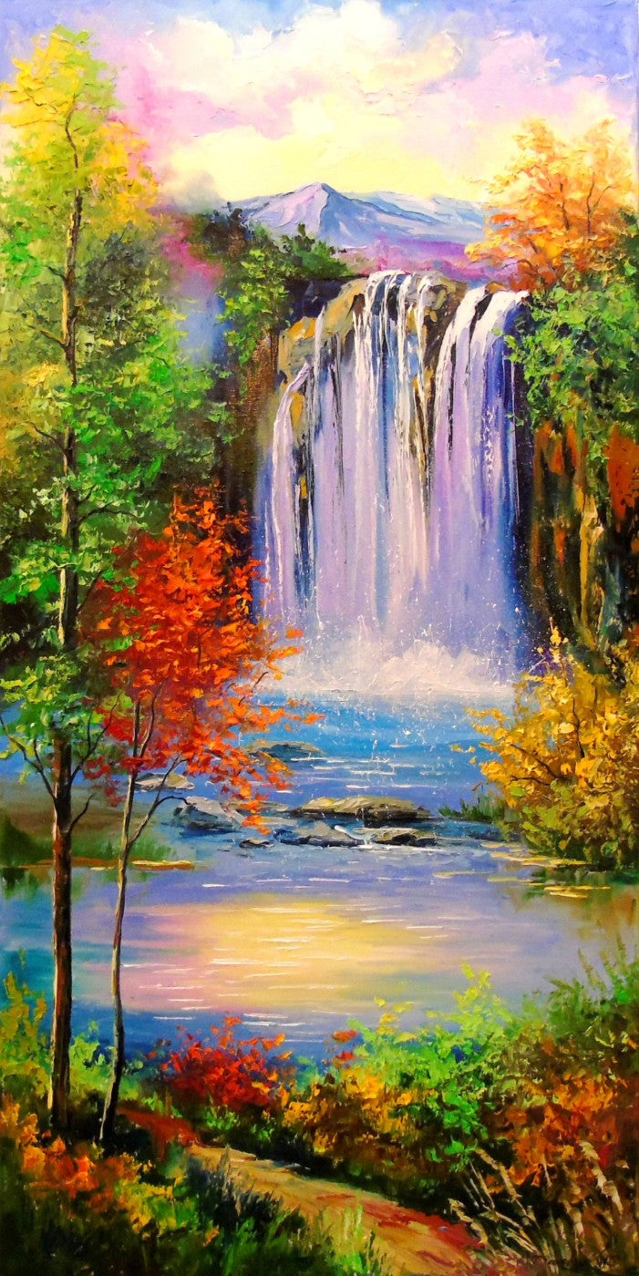 Mountain Waterfall Painting by Janet Simmons | Buy Posters, Frames
