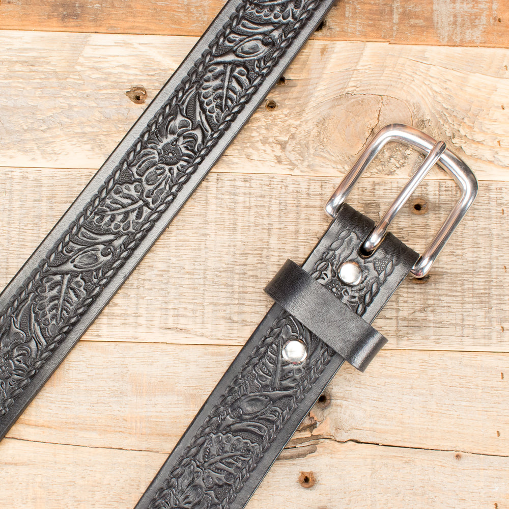 Black Rope Floral Embossed English Bridle Leather Belt – Yoder