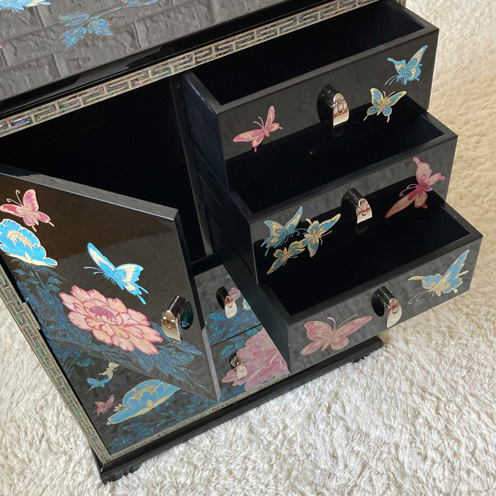 韓国高級螺鈿飾りチェスト 引き出し家具 小物入れ(黒)高さ60cm