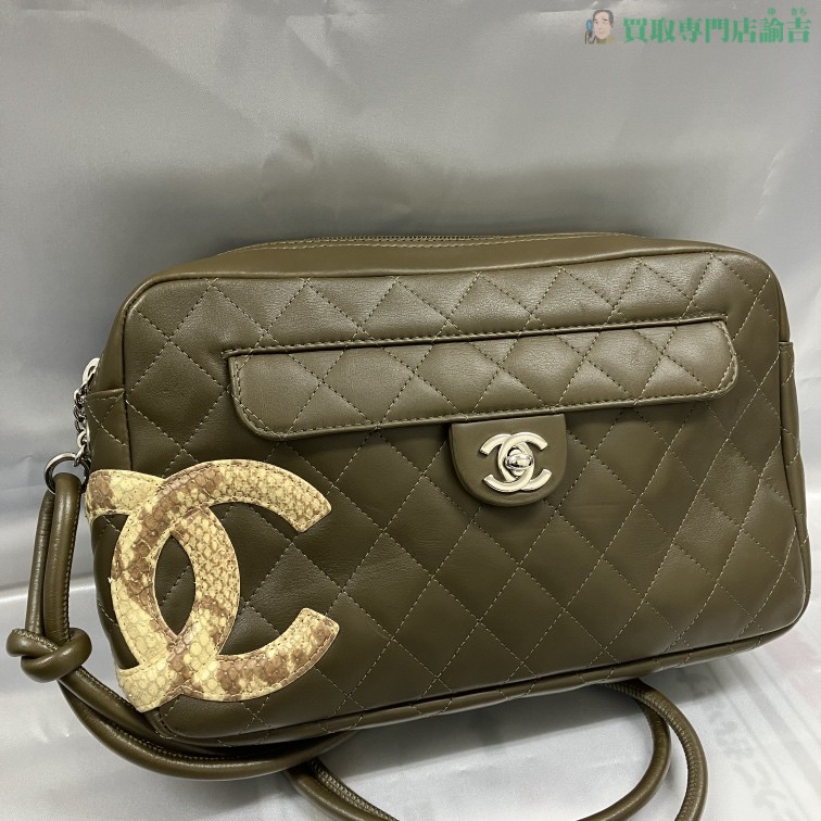 シャネル カンボンライン カメラバッグ カーキ×パイソン A28120】お