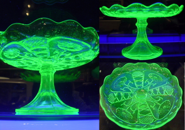 昭和レトロ プレスガラス ウランガラス グリーンコンポート 【AJ0105