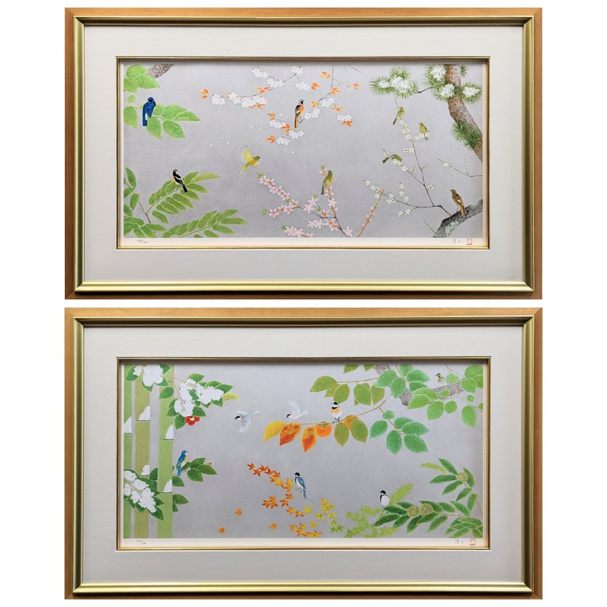 2点セット】【額付】上村淳之「四季花鳥図（春夏）（秋冬）」【作家