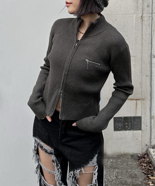 セール】【jiasecond.】ハイネックダブルジップリブニットトップス