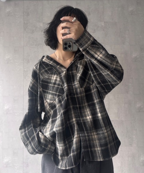 セール】〈ユニセックス商品〉フード付きチェックシャツ（シャツ