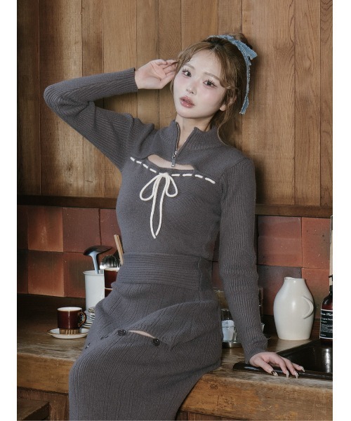 ステッチリボンオープンニットトップス（ニット/セーター）｜Darich