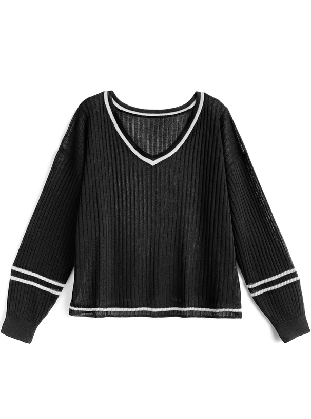 配色ラインVネックメッシュニットトップス[an1739] | レディース