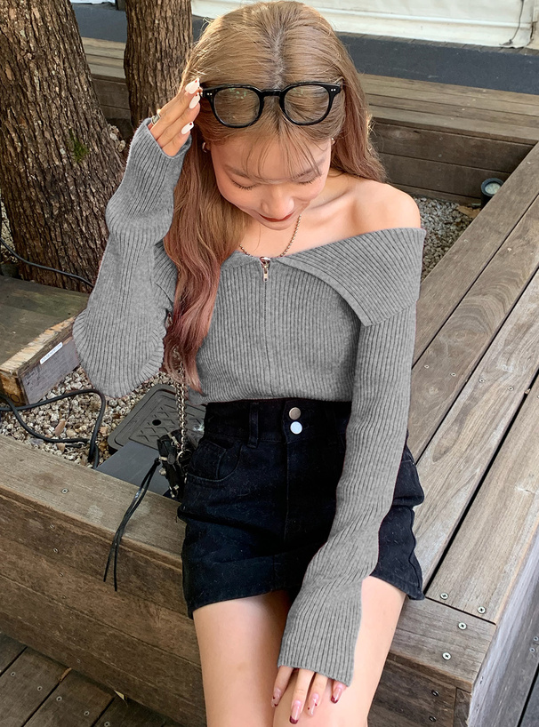 ビッグカラーダブルジップニットトップス[dr668] | レディース