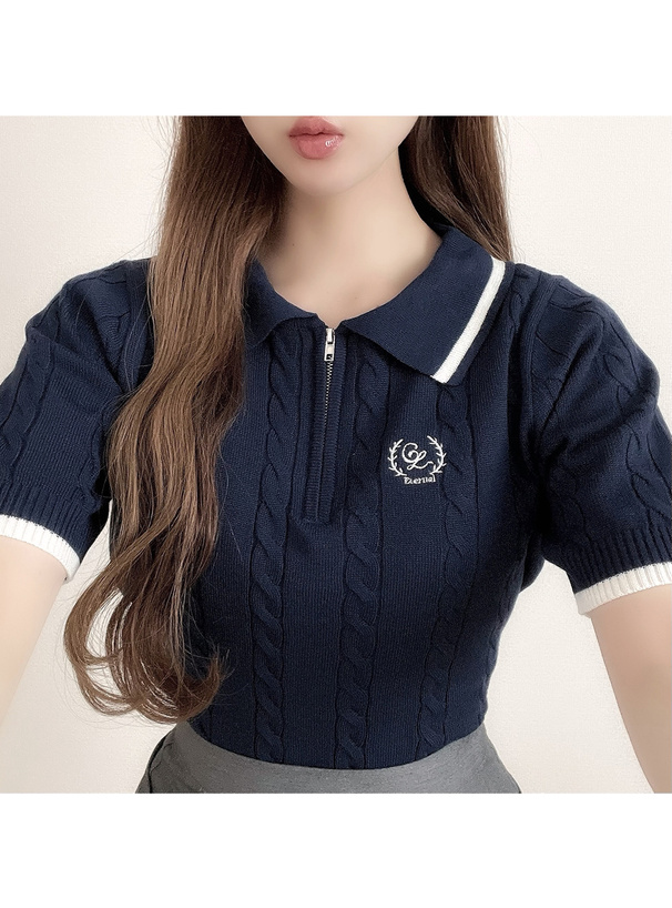 ハーフジップロゴ刺繍ケーブルニットトップス[kz537] | レディース