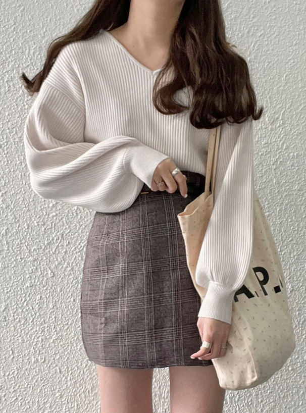 Vネックボリュームスリーブニットトップス[k8396v] | レディース