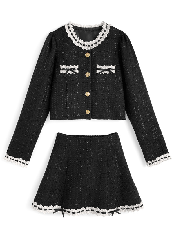 ラメツイードレースジャケット×レースフレアミニスカートセットアップ