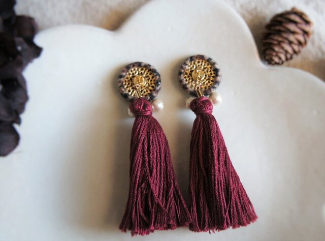 ツイードとタッセルのイヤリング＆ピアス（グリーン） | iichi 日々の